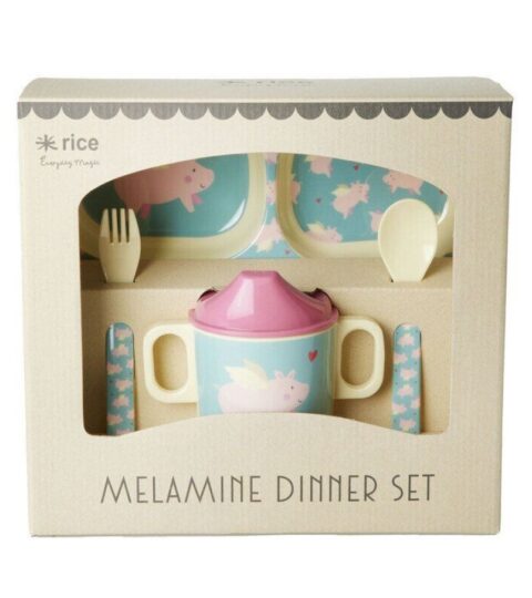 Rice Kindergeschirr | Rice Baby-Geschirrset Melamin 4-Tlg. Hellblau Flying Pig